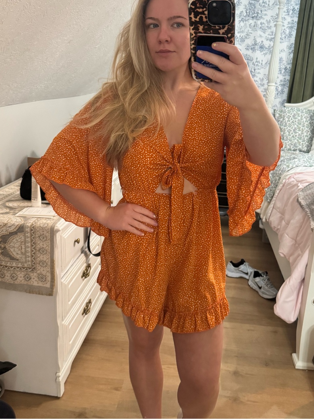 Orange Tie-Front Romper with Ruffle Hem
